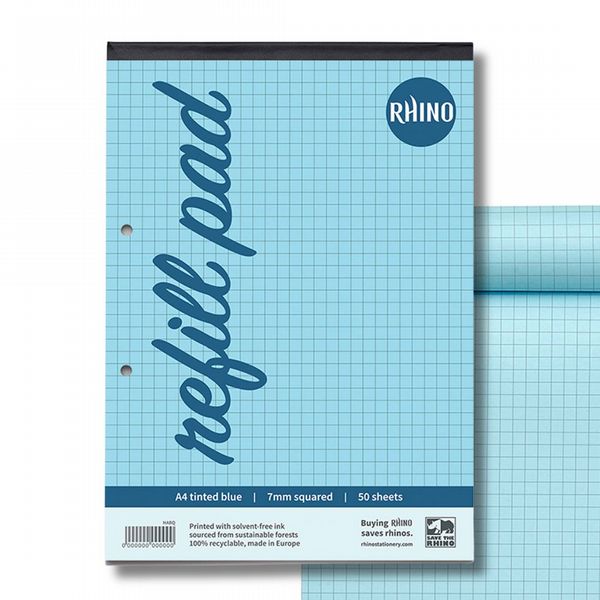 RHINO A4 Blue Paper Refill Pad 100 Page 7mm Squared (Pack of 6)