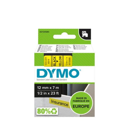 Dymo D1 Tape 12mm Black on Yellow