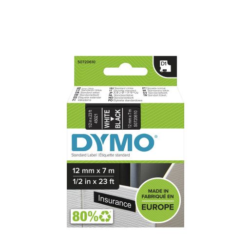 Dymo D1 Tape 12mm white on Black