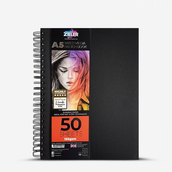 Zieler : Mixed Media Sketchbook : Spiral Bound : 150gsm : 50 Sheets : A5 : Portrait